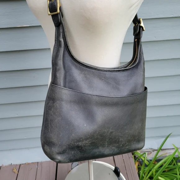 Vintage Coach 9058 Hobo Black Glovetanned Leather Zip Shoulder Bag‎ Daypack - Picture 2 of 8
